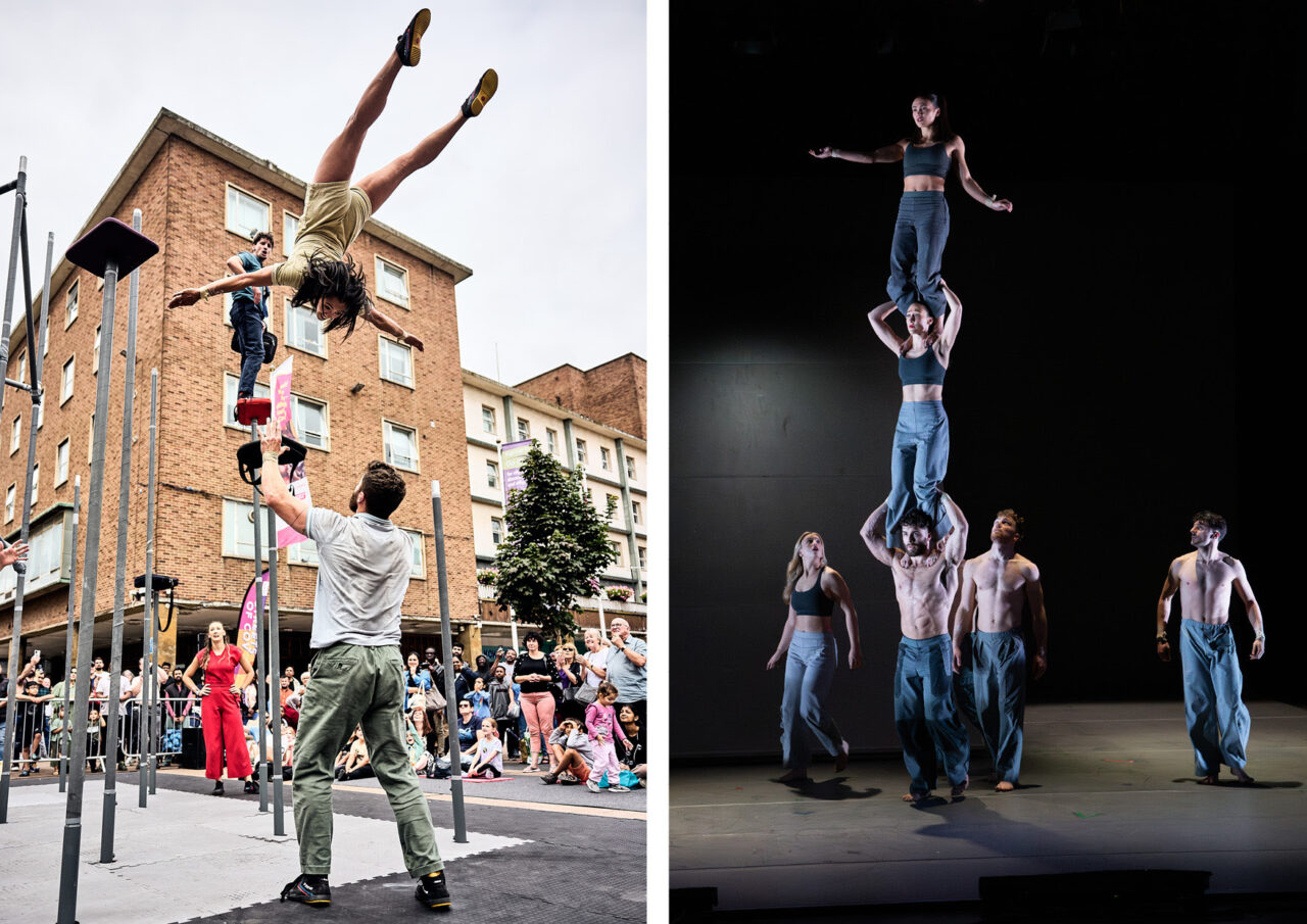 Left: performer flies through the air, dancer below prepares to catch them. Right: dancers stand on each others shoulders, three people high.